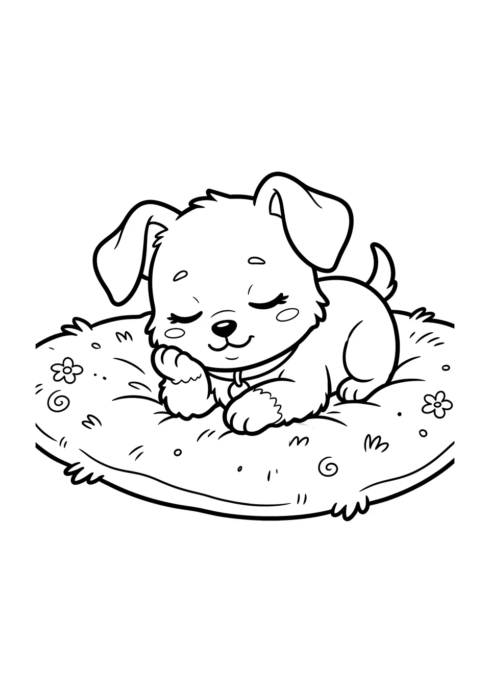 Um desenho fofo estilo kawaii de um cachorrinho dormindo em um tapete, perfeito para crianças colorirem.