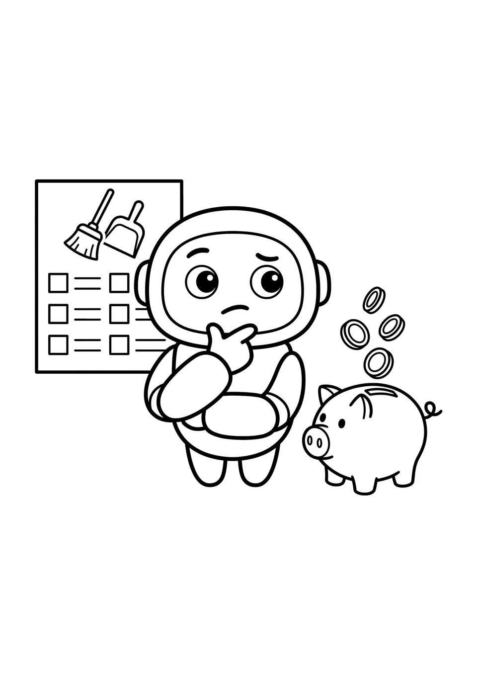 Desenho para colorir em linhas pretas e brancas com um personagem pensativo do PicoBuddy analisando um cofrinho de porquinho e uma tabela de tarefas domésticas.