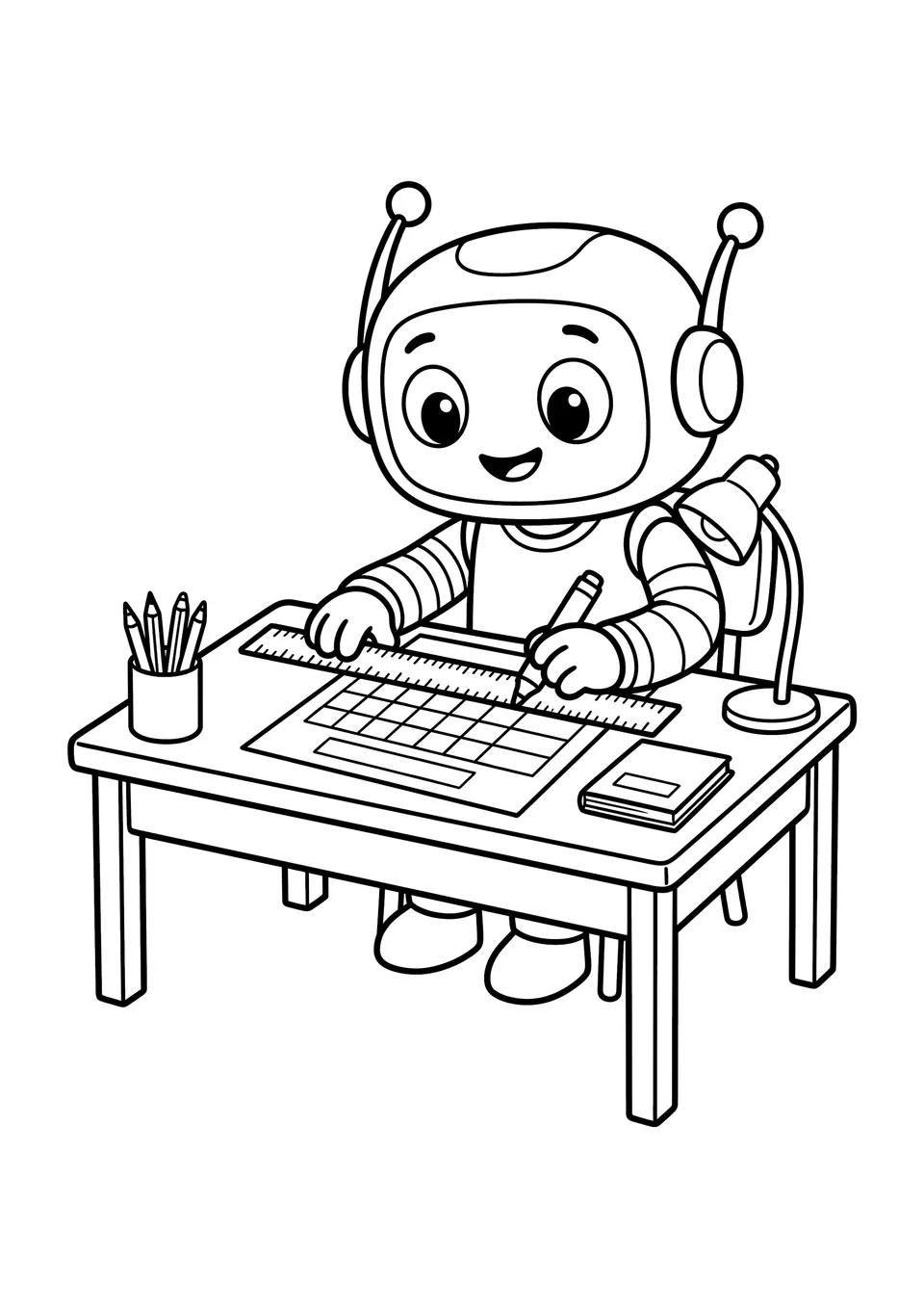 Desenho para colorir em preto e branco mostrando um personagem simpático usando uma régua para desenhar uma tabela de hábitos diários.