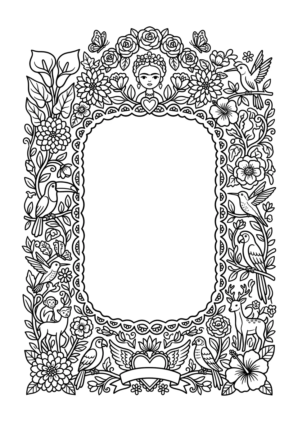 Desenho para colorir de uma moldura de arte popular mexicana com flores, pássaros e borboletas, com o centro em branco para um autorretrato infantil.