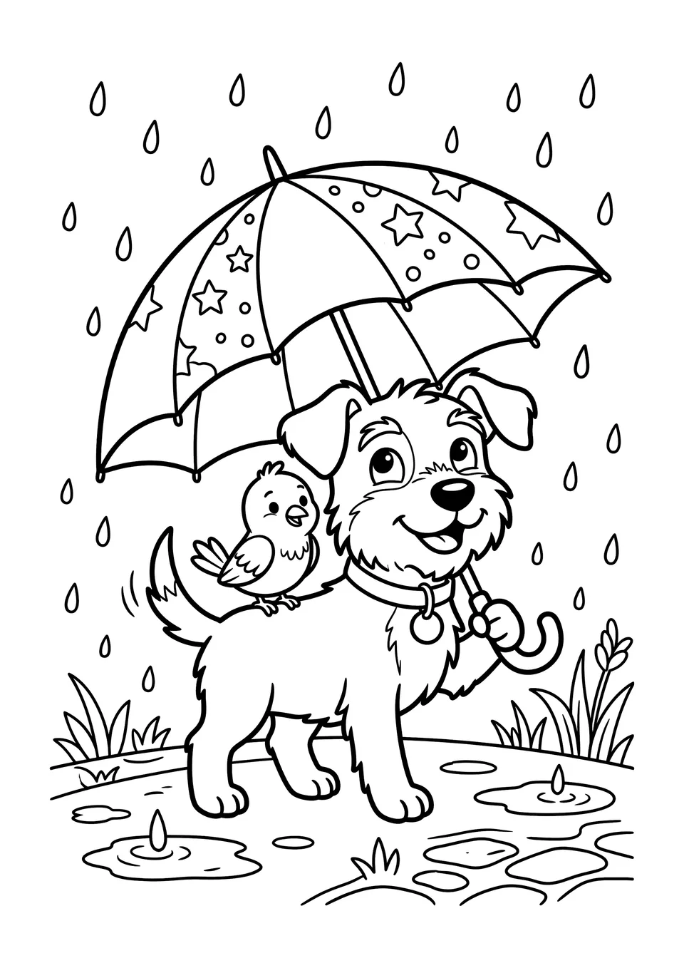 A black and white line art coloring page of a cute puppy sharing a large umbrella with a little bird during a gentle rain shower, with simple clouds and raindrops.