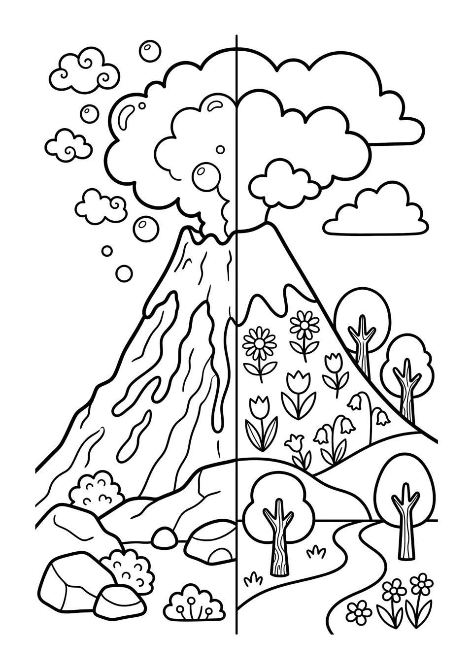 Um desenho em preto e branco para colorir mostrando um vulcão em transição de ativo, com vapor suave, para uma montanha tranquila coberta de flores silvestres e grama.