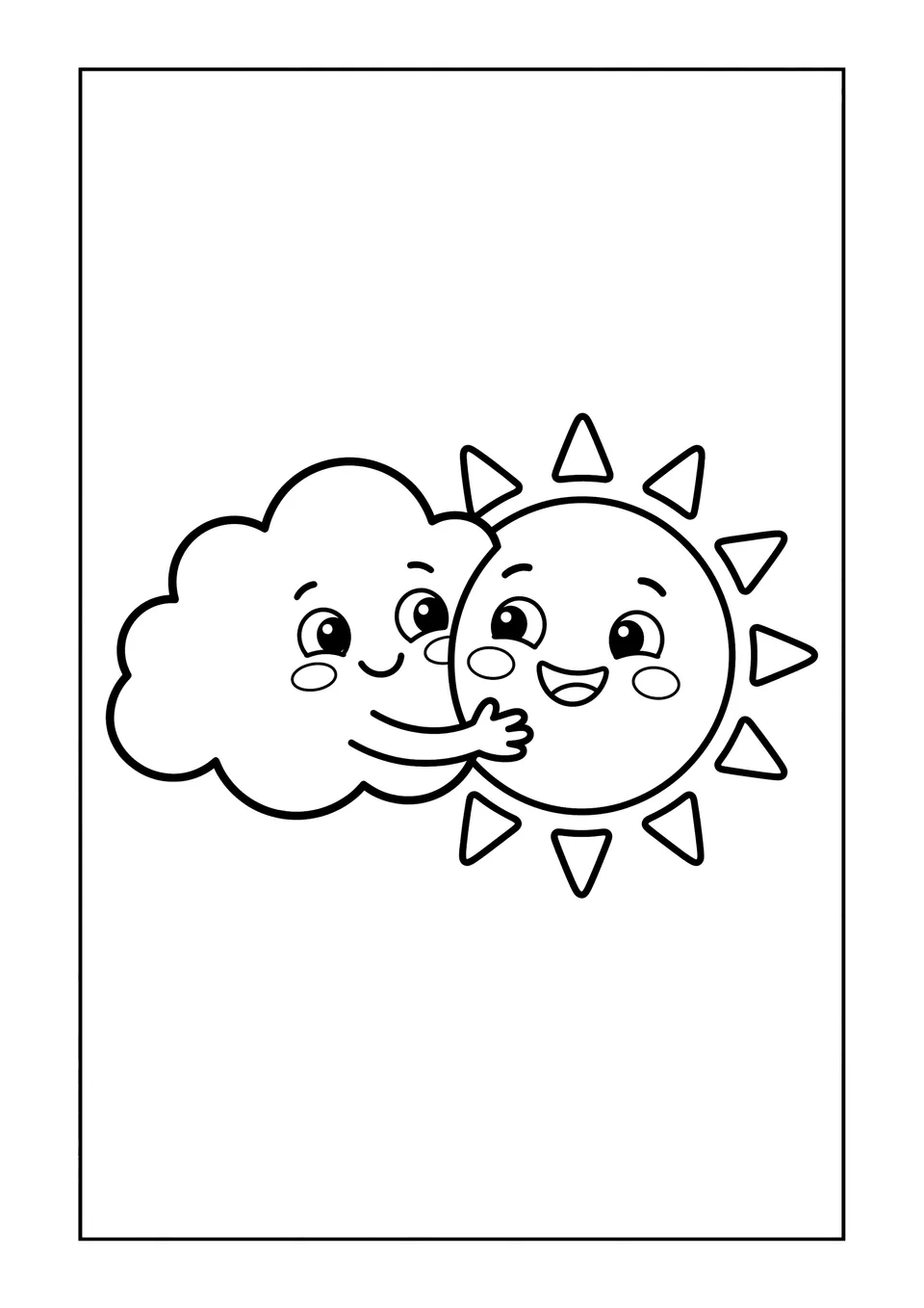 Desenho para colorir em preto e branco para imprimir mostrando uma nuvem fofa em desenho animado abraçando um sol sorridente com traços grossos em fundo branco.