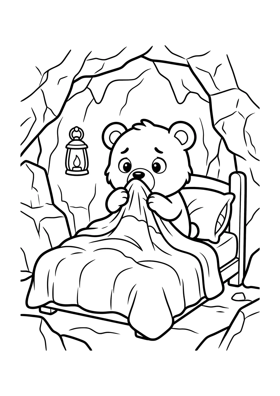 Desenho para colorir em preto e branco de um ursinho fofo segurando um cobertor até o nariz com carinha de medo em sua caminha na caverna.