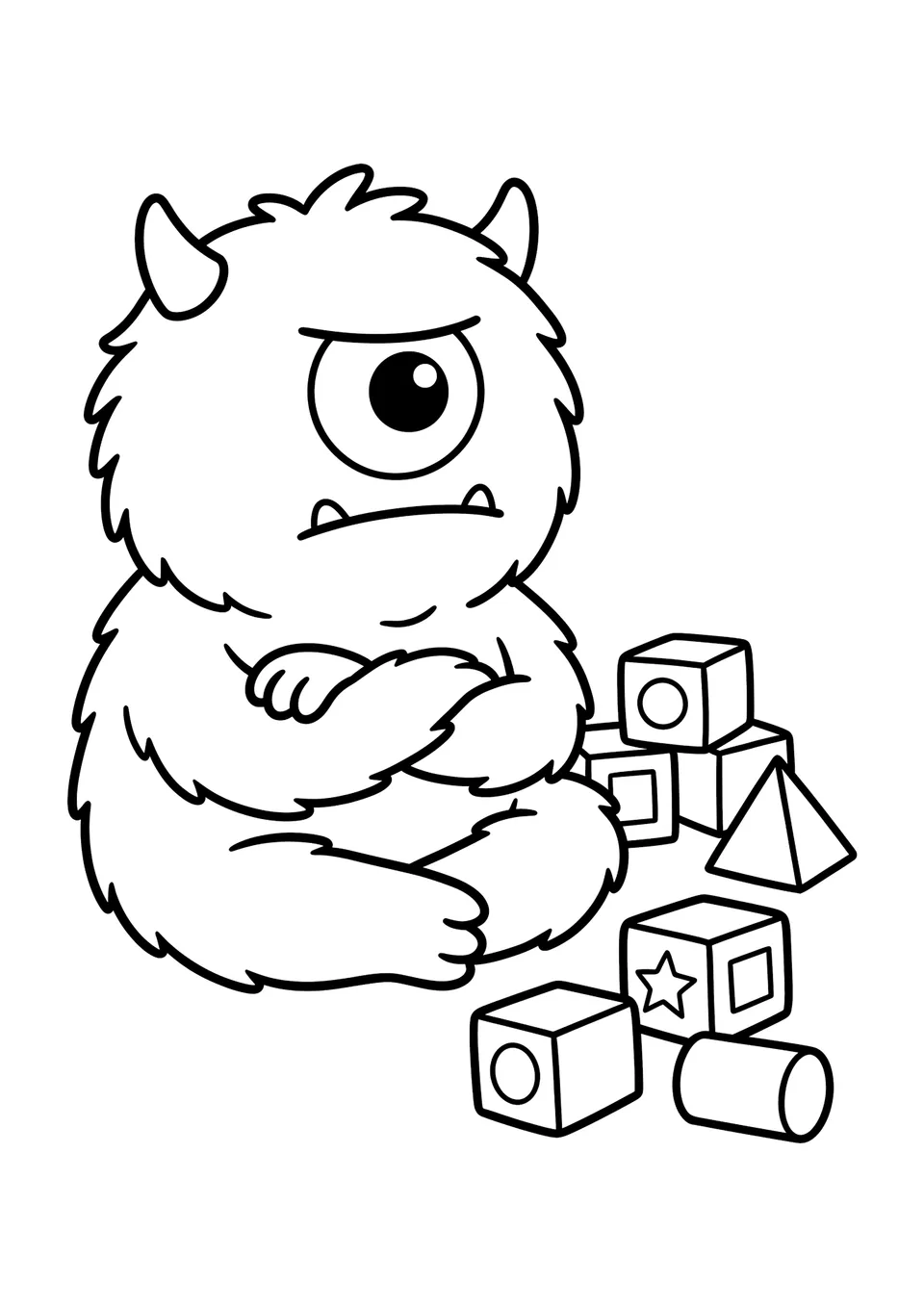 A printable black and white coloring page of Pip, a cute little monster sitting on the floor next to building blocks, taking a deep breath to calm down.