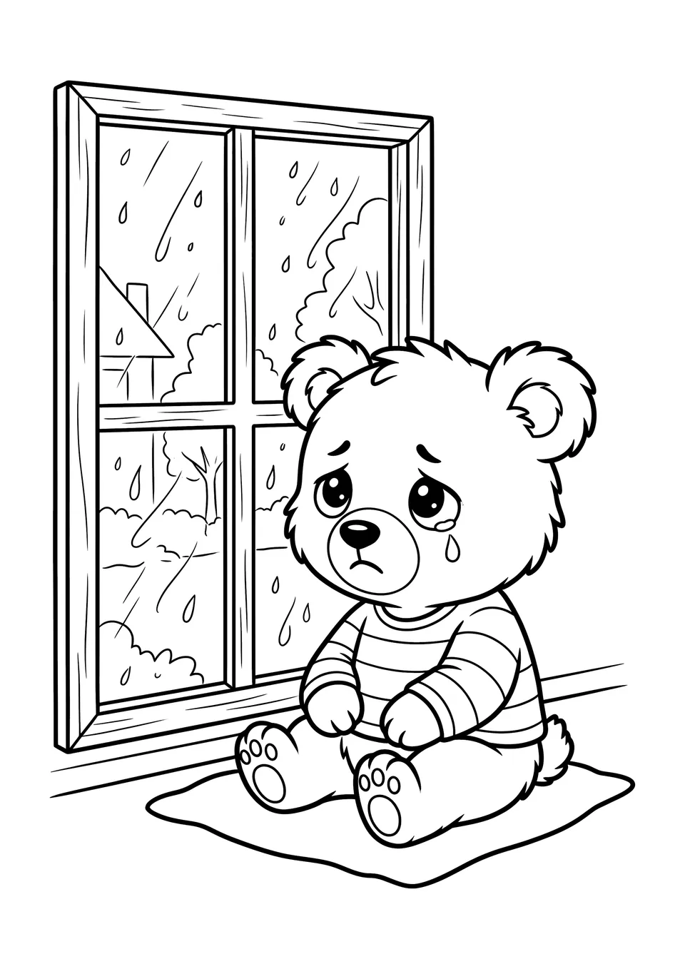 Desenho para colorir em preto e branco de um personagem fofinho e triste sentado perto da janela enquanto gotas de chuva caem do lado de fora.