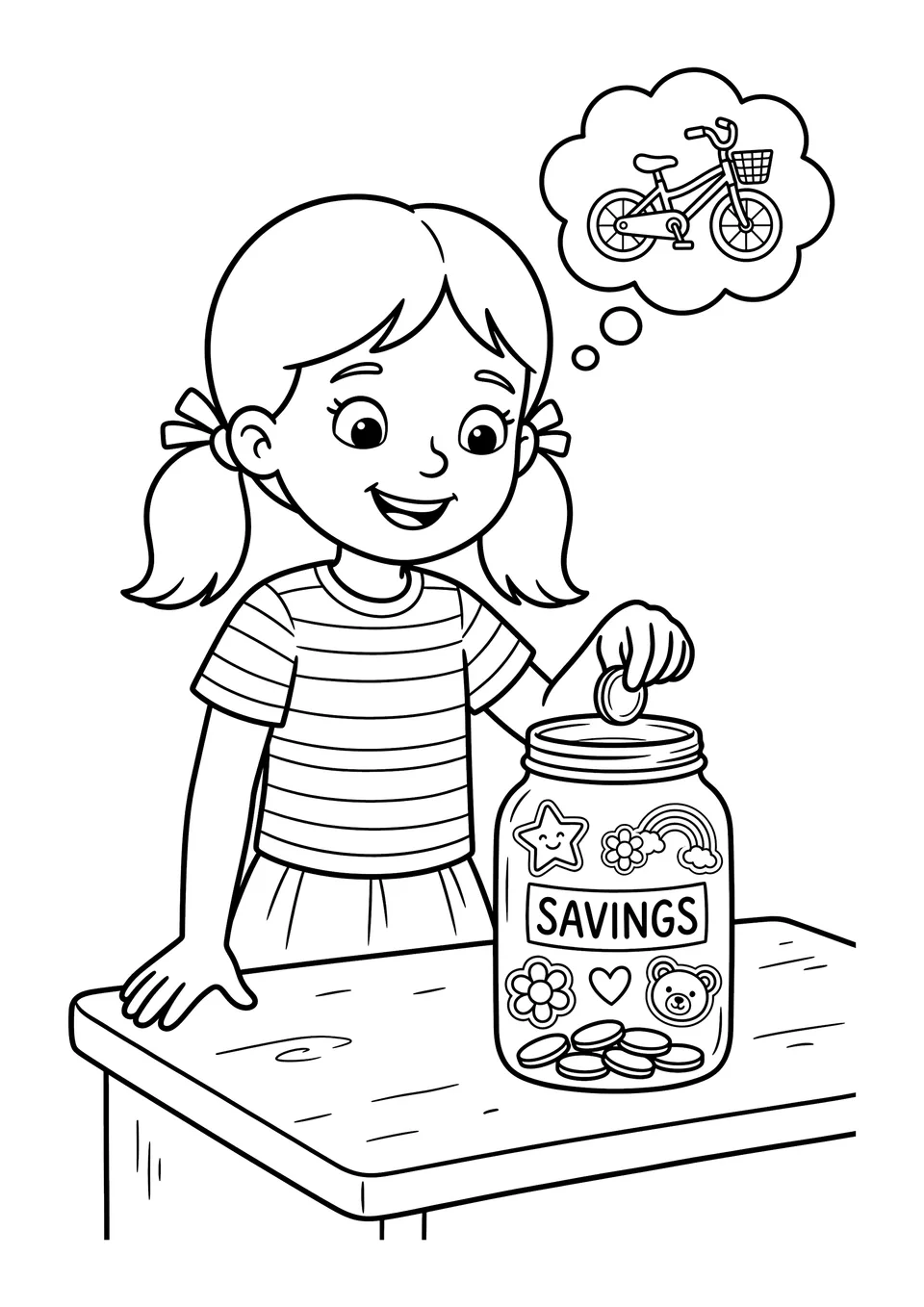 Desenho para colorir em preto e branco mostrando uma menina colocando moedas em um pote de cofrinho enquanto pensa em uma bicicleta.