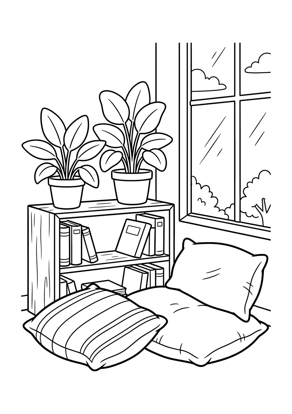 Um desenho em preto e branco para colorir mostrando um cantinho acolhedor de sala de aula com almofadas grandes no chão, uma pequena estante de livros e vasos de plantas.