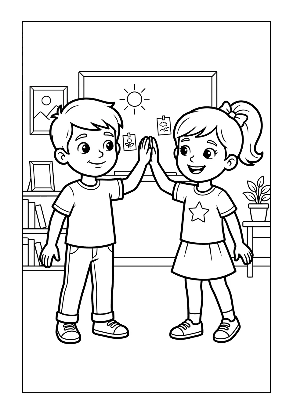 Desenho em preto e branco para colorir com dois estudantes amigáveis do ensino fundamental se incentivando em uma sala de aula.