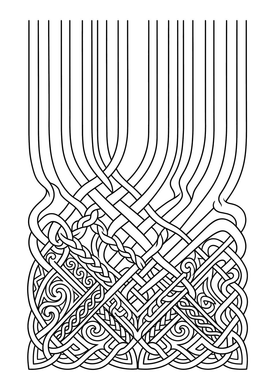 Desenho para colorir com arte em linha para imprimir mostrando um nó complexo se desfazendo em caminhos retos e organizados sobre fundo branco.