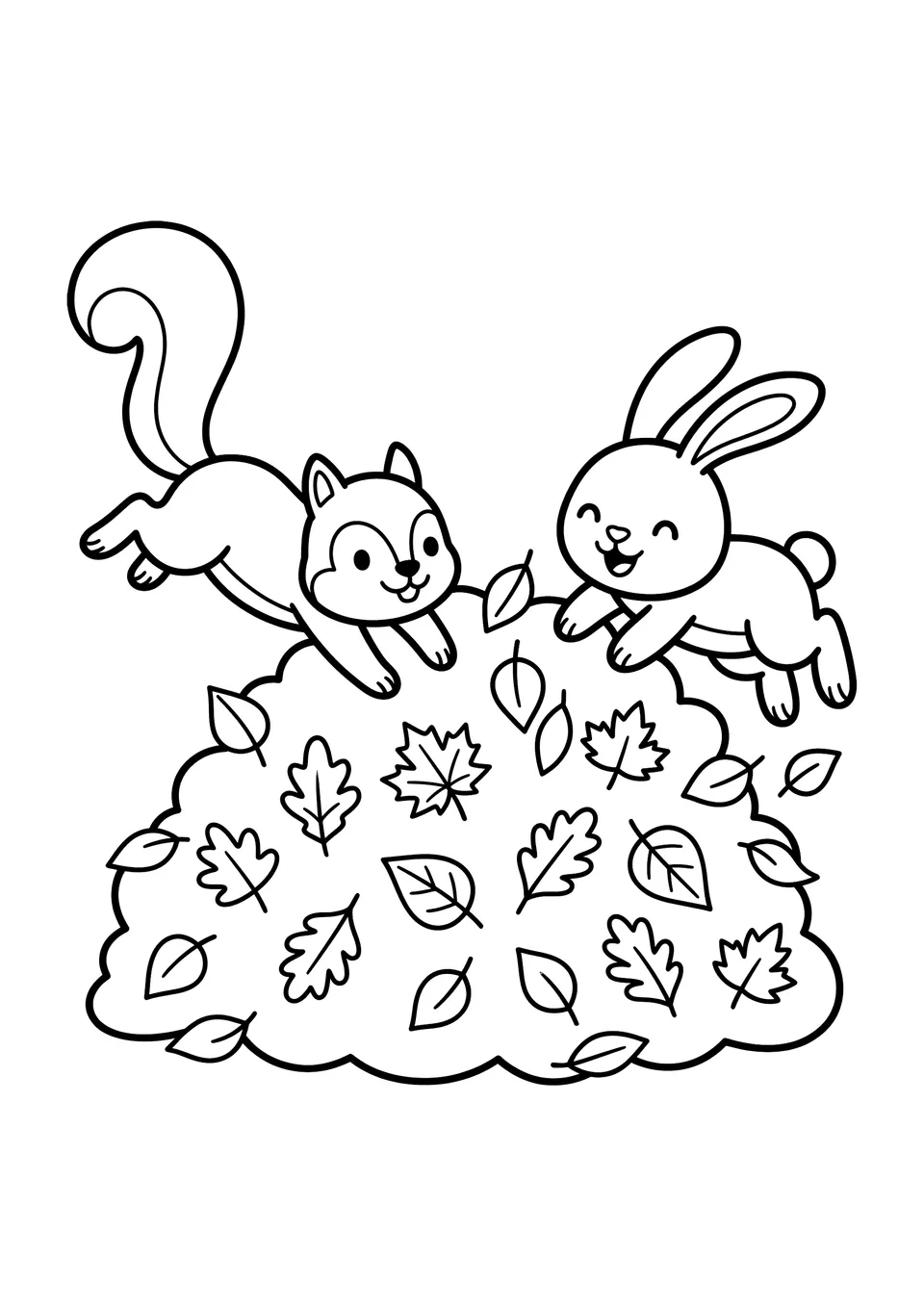 Dibujo sencillo en blanco y negro de una ardilla y un conejo jugando en una gran pila de hojas de otoño.