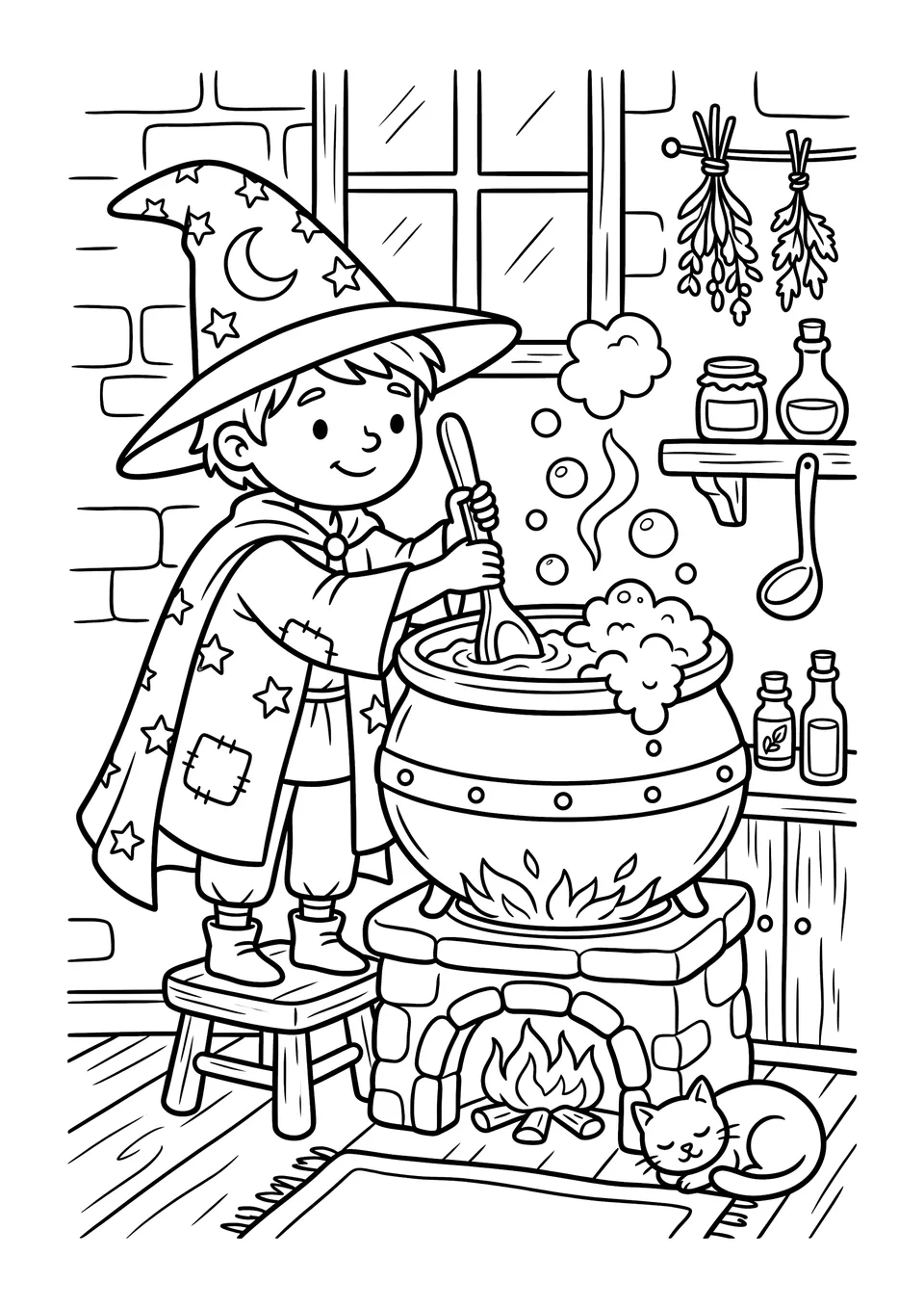Simple black and white line art of a friendly wizard in a hat stirring a magic pot of bubbling soup in a kitchen.