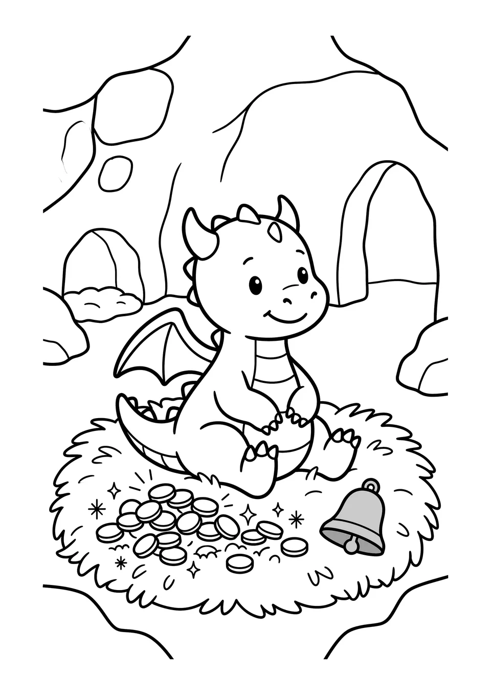 Desenho para colorir de um bebê dragão fofo sentado perto de uma pilha de moedas e um sininho em uma caverna.