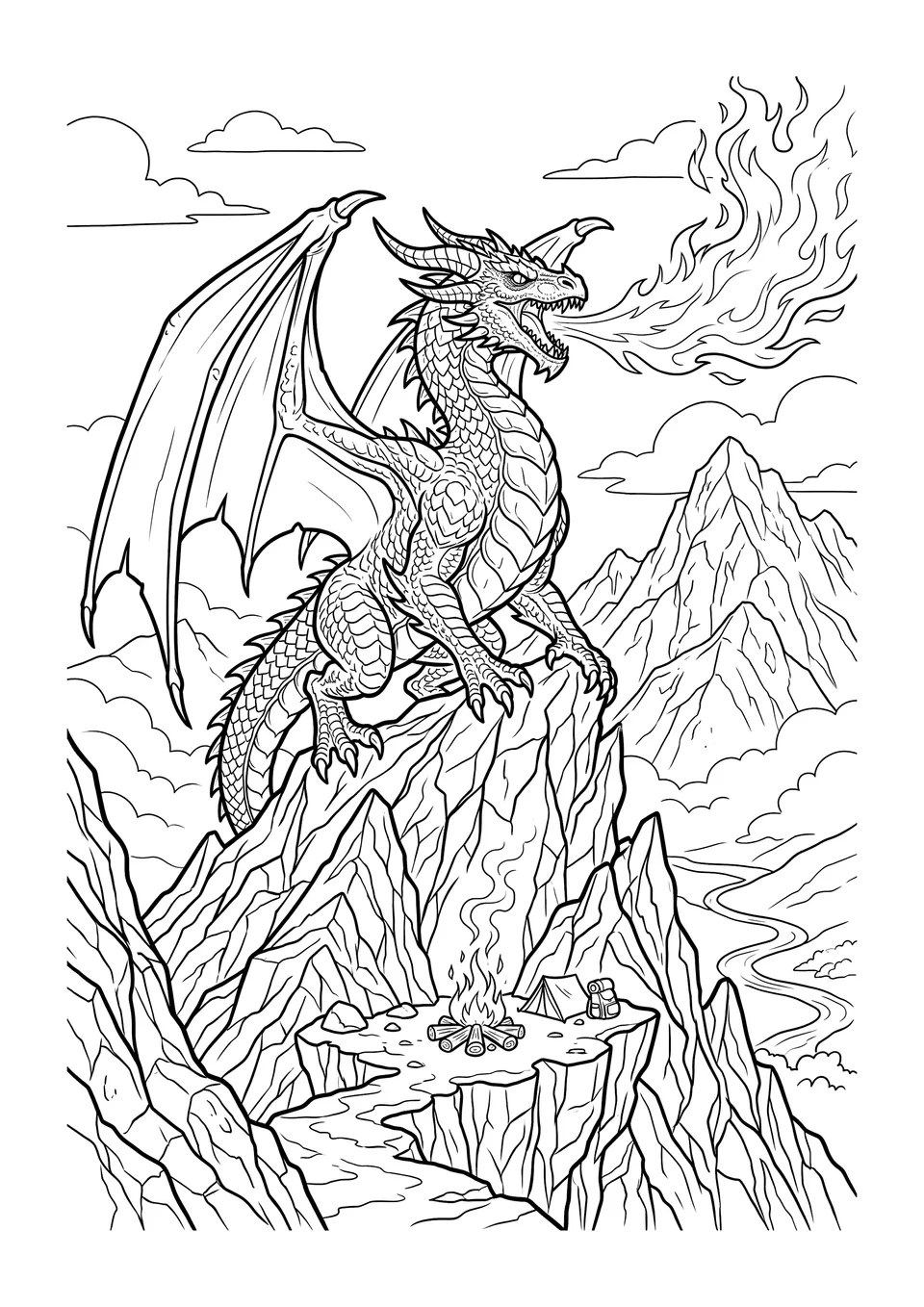 A detailed black and white line art illustration of a large, scary fire-breathing dragon perched on a rocky mountain ledge.