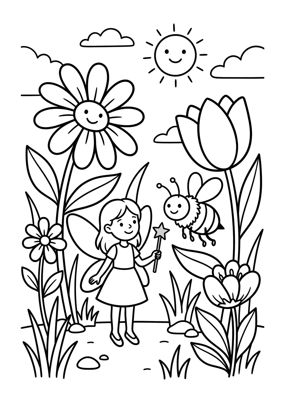 Desenho em preto e branco de uma fadinha com varinha mágica ao lado de uma abelha simpática em um jardim de flores grandes.