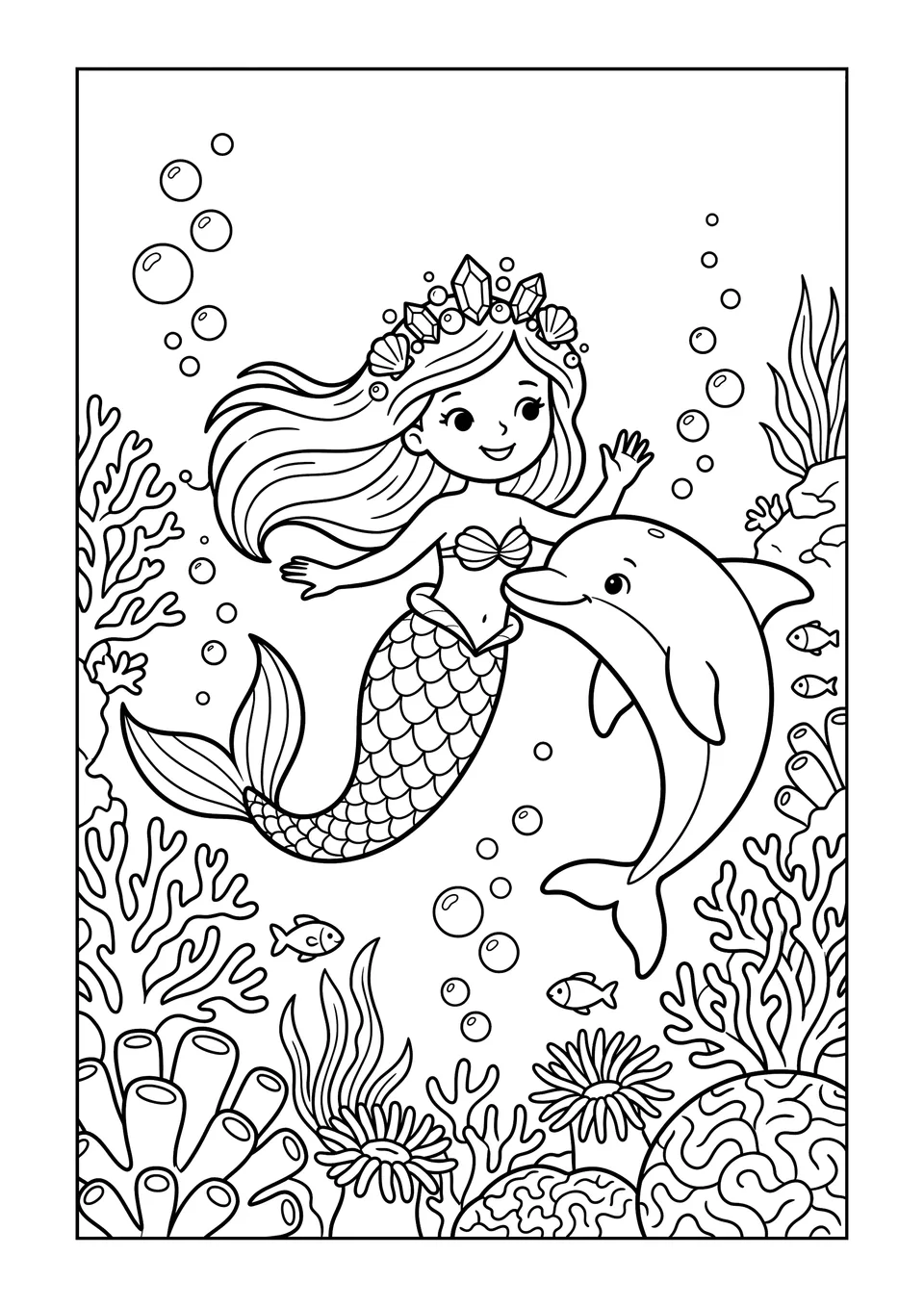 Simple black and white line art of a mermaid and a dolphin swimming together in a coral reef, suitable for coloring.
