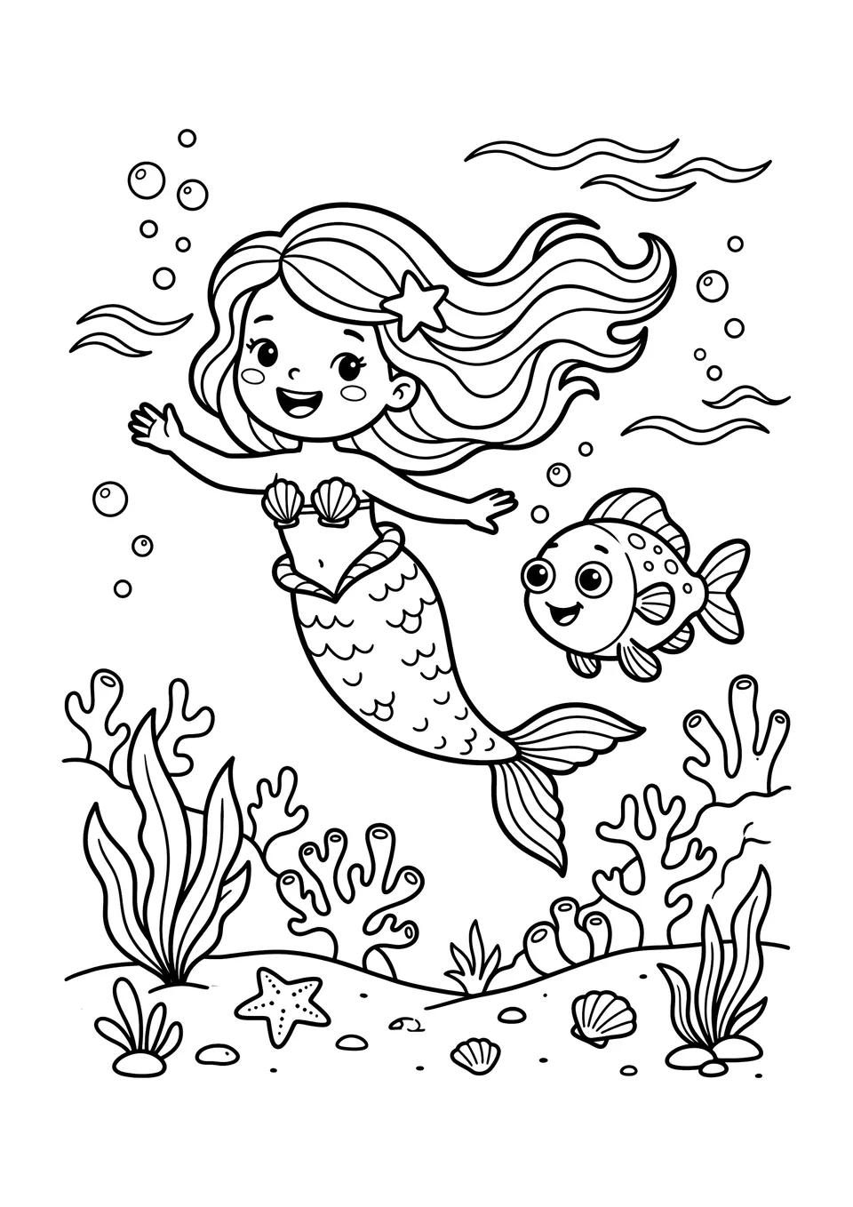 A simple black and white line art coloring page of a cute mermaid swimming with a small fish near a coral reef.