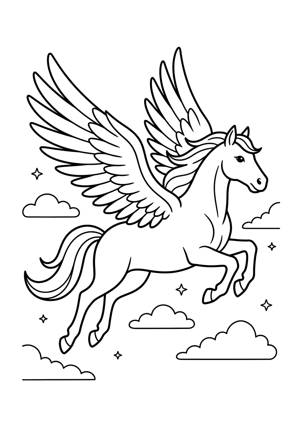 Desenho em preto e branco para colorir de Pégaso, o cavalo alado da mitologia grega, voando em um céu com nuvens.