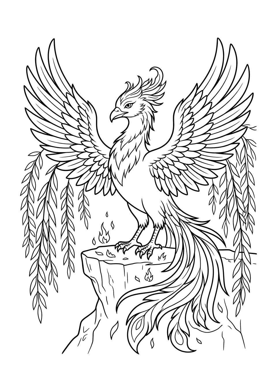 A detailed black and white line art illustration of a majestic phoenix bird perched on a rock for children to color.