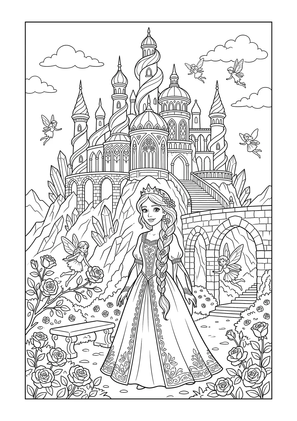 Detailed black and white line art of a princess in front of a crystal castle with swirling towers and tiny fairies in a garden.