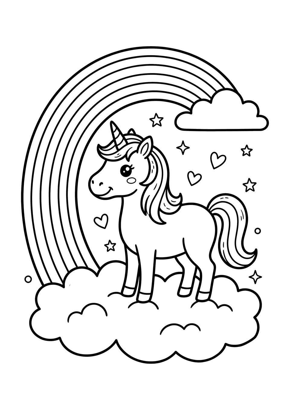 A simple black and white line art drawing of a cute unicorn standing on a fluffy cloud beside a large striped rainbow, ready for coloring.