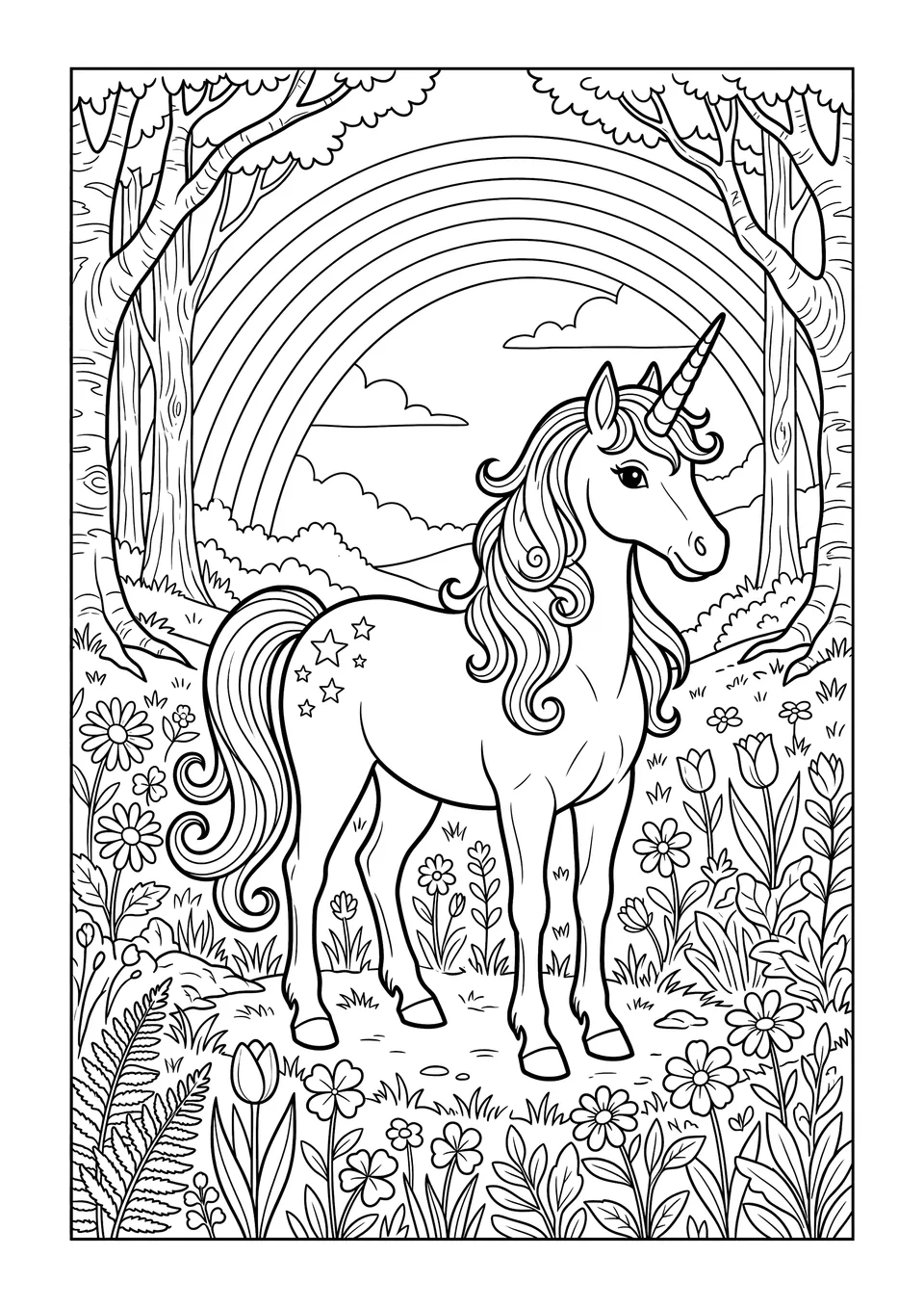 Desenho em preto e branco detalhado de um lindo unicórnio em um campo com flores silvestres e um arco-íris ao fundo.