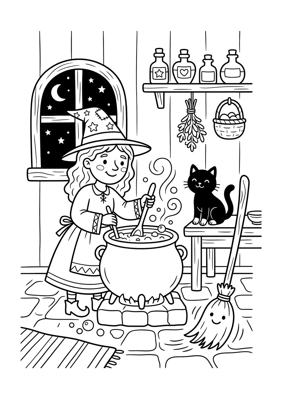 Um desenho em preto e branco de linhas com uma bruxa bondosa mexendo um caldeirão de sopa com um gato observando por perto em uma cozinha aconchegante.