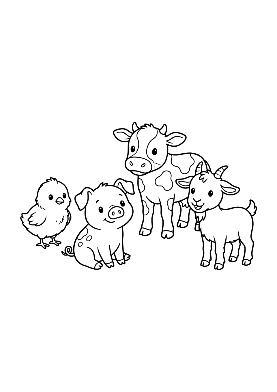Um desenho simples em preto e branco para colorir com um pintinho fofo, um bezerro malhado e um leitãozinho na fazenda.
