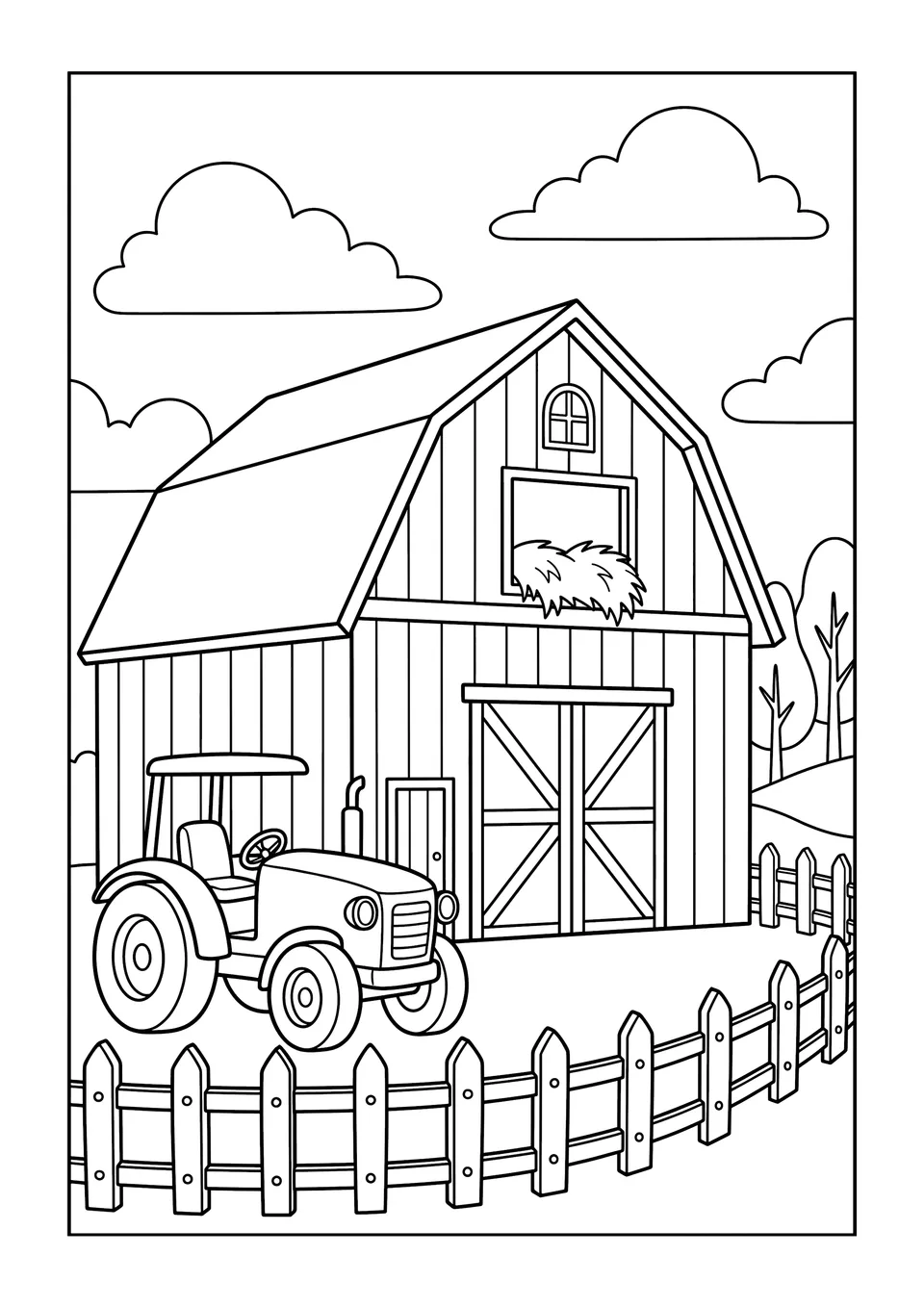A simple black and white line art drawing of a large farm barn with a hay loft and a tractor, designed for children to color.