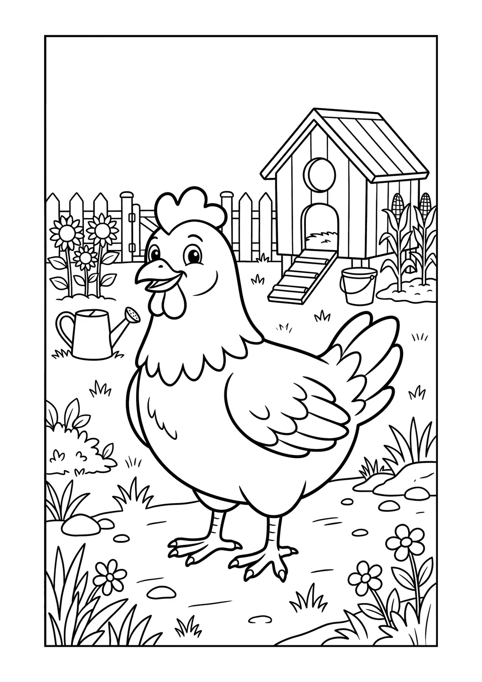 A simple black and white line art drawing of a friendly chicken standing on a farm, ready for kids to color.