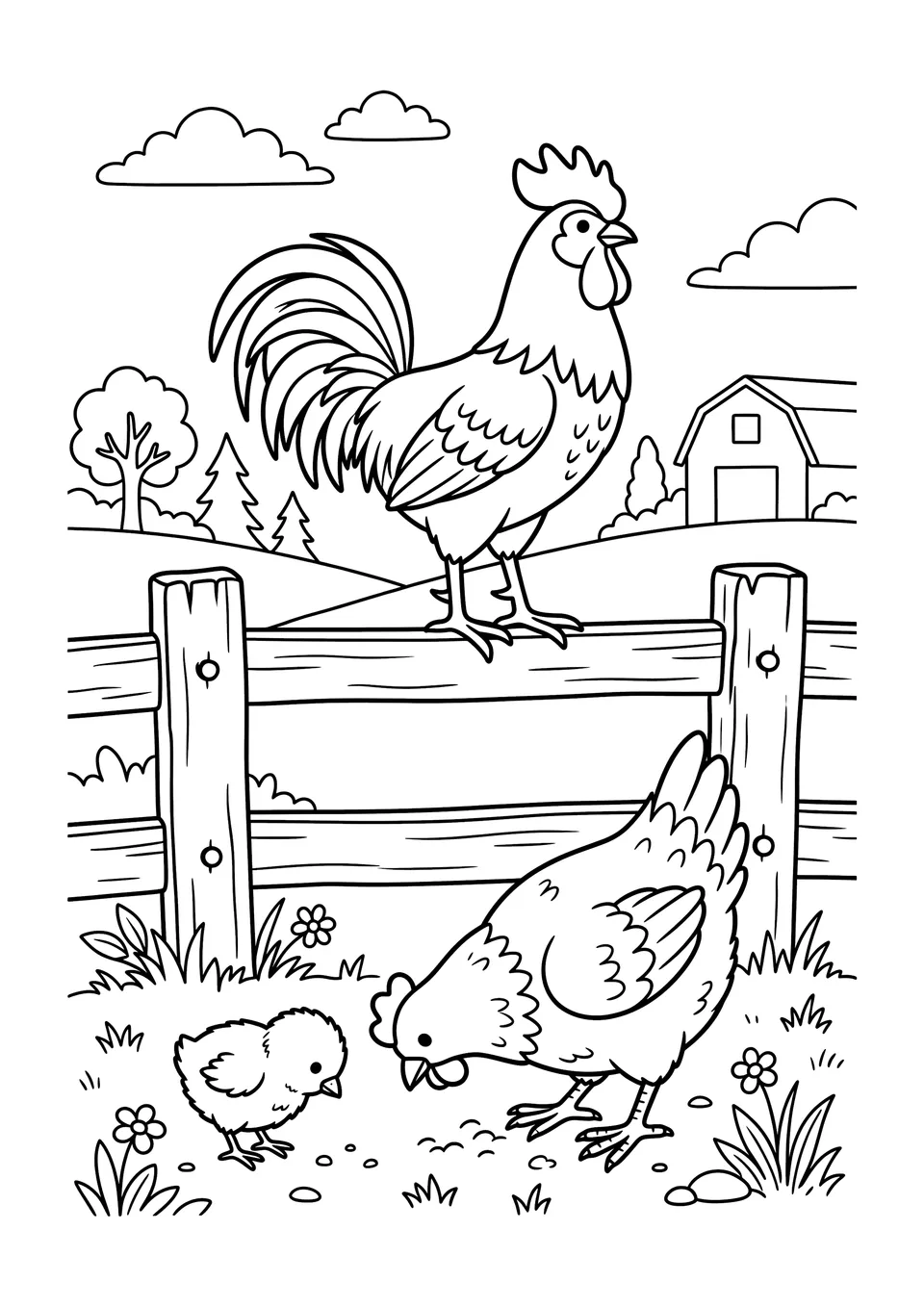 A simple black and white line art coloring page showing a rooster on a fence, a hen, and a small baby chick in a farm setting.