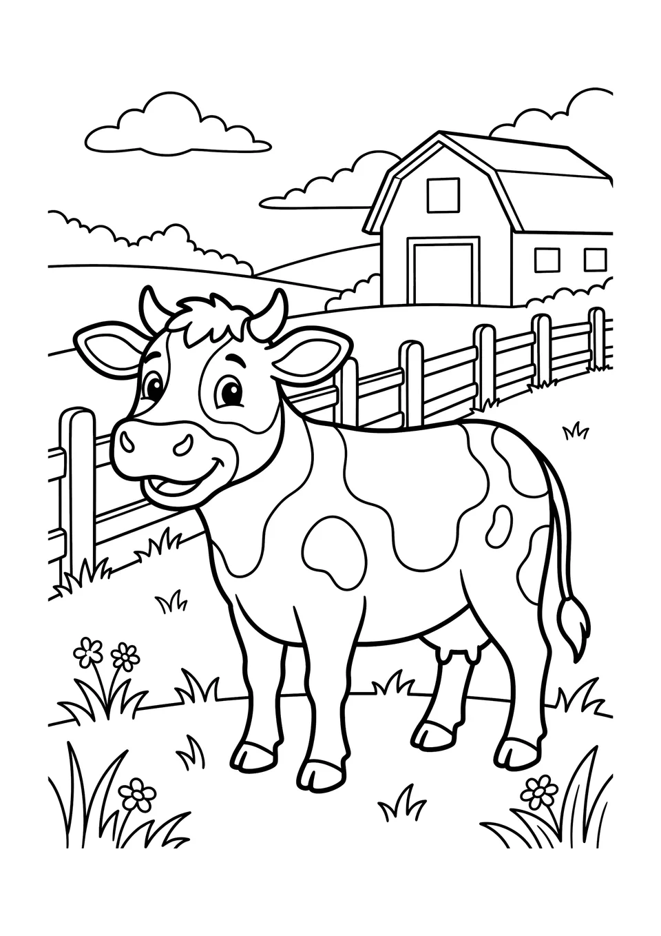 Black and white line art of a friendly cow standing in a pasture with a barn in the background, ready for coloring.