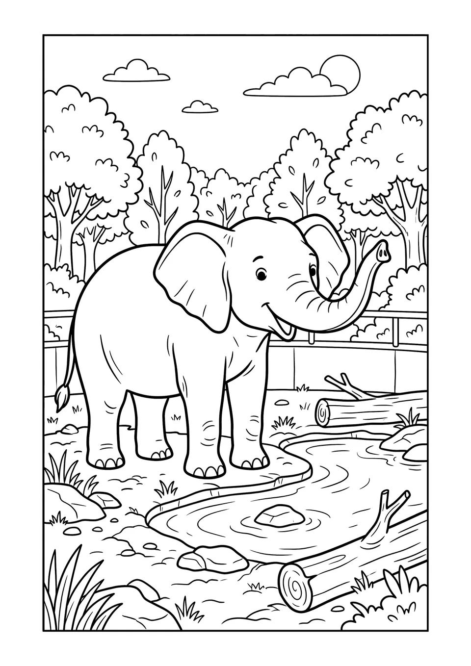 A black and white line art coloring page for children showing a large elephant standing in a naturalistic zoo enclosure with a pond and trees.
