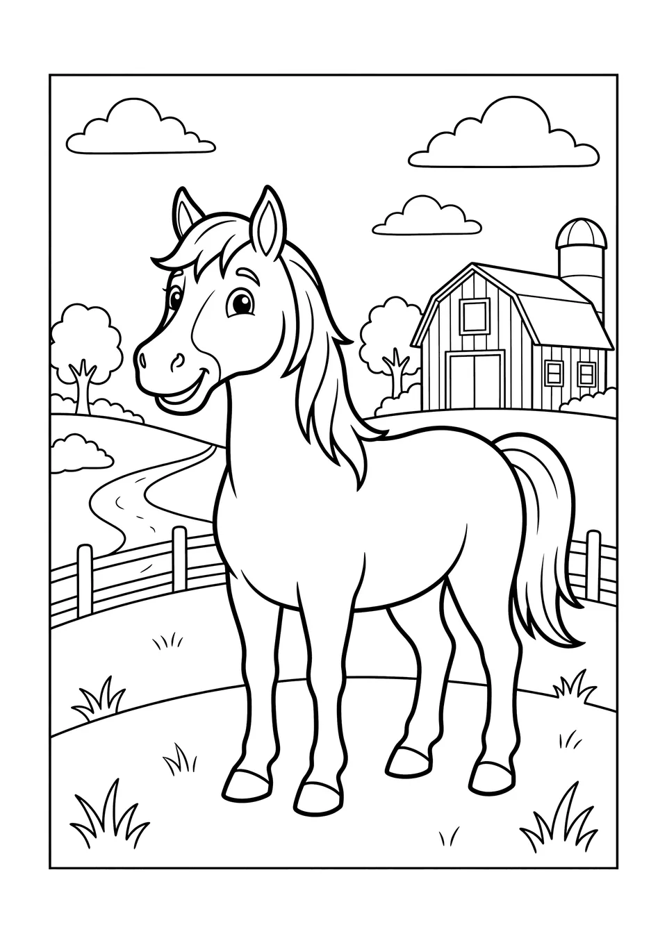 A simple black and white line art drawing of a horse standing in front of a barn on a farm, ready for kids to color.
