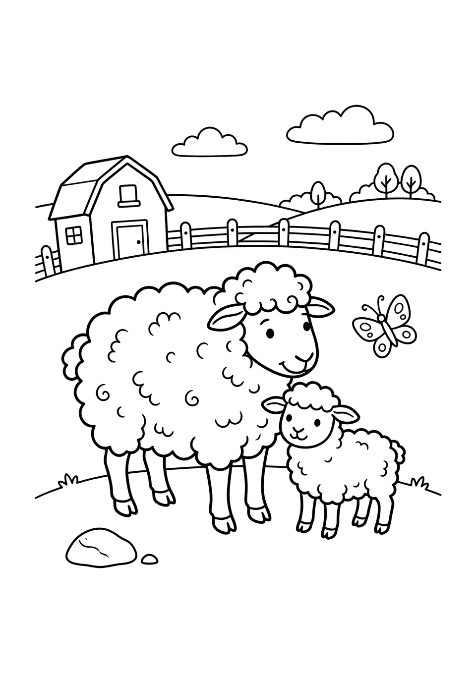 Desenho simples para colorir em traço preto e branco de uma mamãe ovelha e seu cordeirinho juntos em um pasto verde da fazenda.