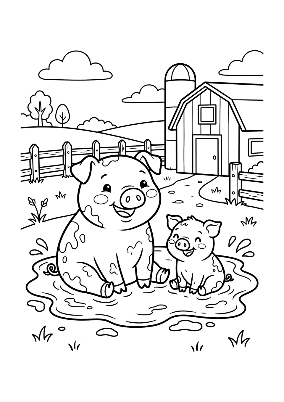 A black and white line art coloring page of a large mama pig and her small piglet sitting happily in a mud puddle on a farm.