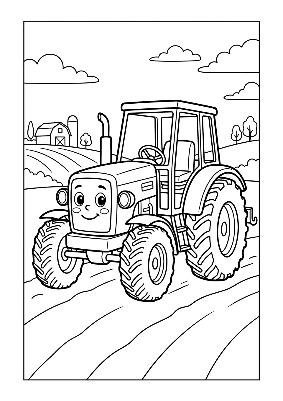 A simple black and white line drawing of a large farm tractor with big tires in a field, designed for children to color.