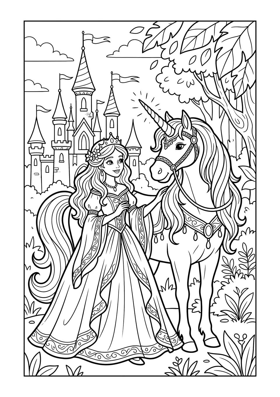 A black-and-white line art drawing of a princess and a unicorn standing in front of a magical castle in a forest.