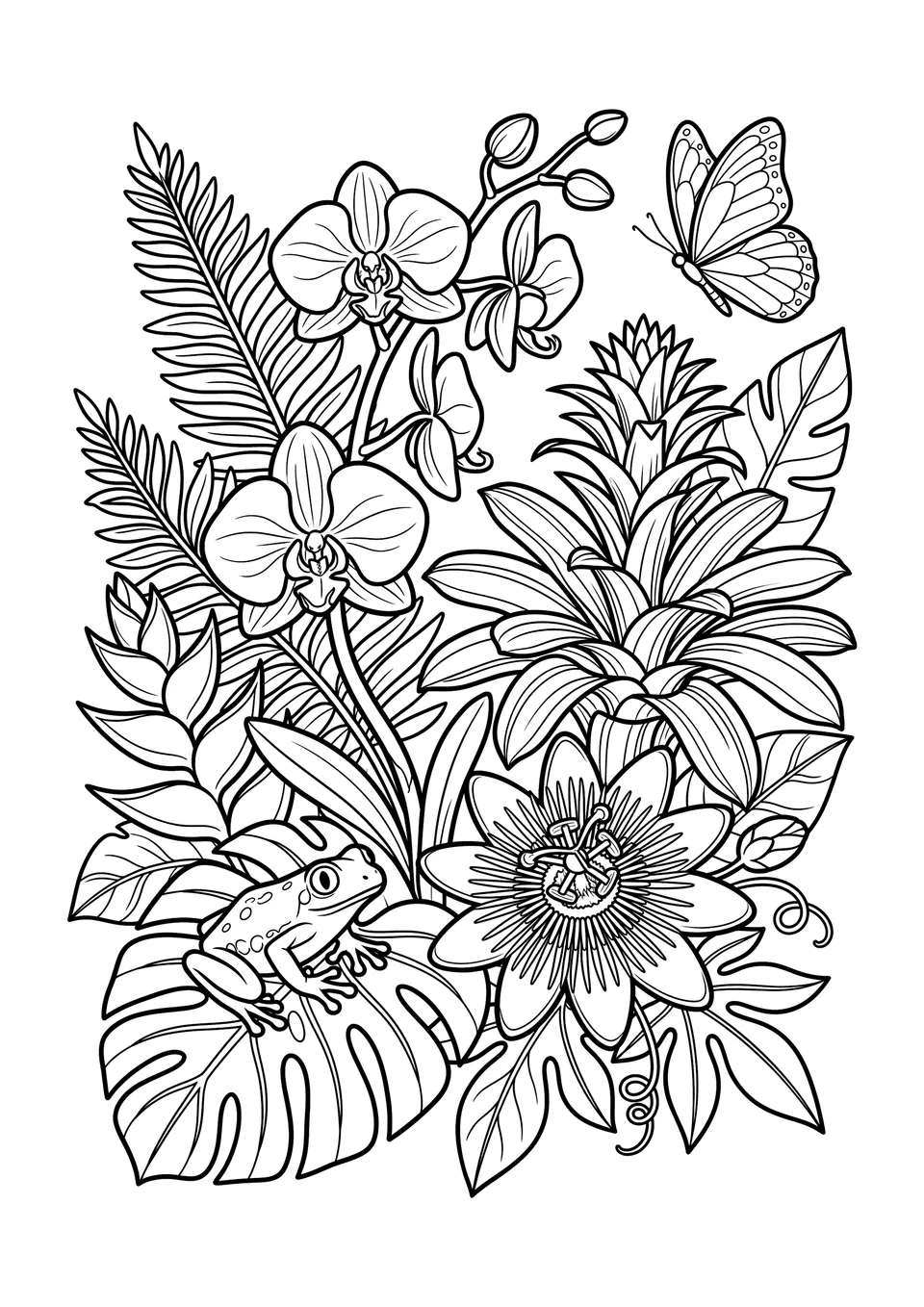 Um desenho em preto e branco para colorir com detalhes de orquídeas e bromélias da Amazônia, uma perereca e uma borboleta em meio à floresta densa.