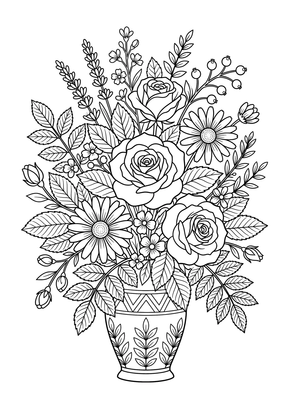 Desenho para colorir em preto e branco para imprimir com uma composição detalhada de flores botânicas desabrochando e folhas.