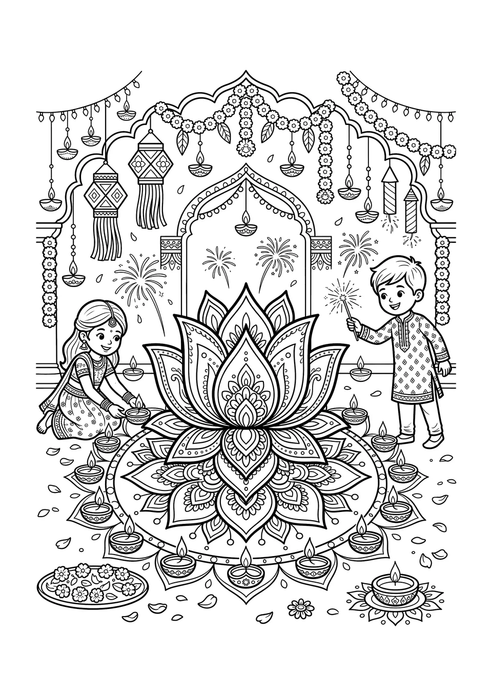 Desenho para colorir em preto e branco mostrando uma cena tradicional do festival indiano Diwali com um desenho de rangoli de flor de lótus ao centro e lamparinas de barro diyas acesas.