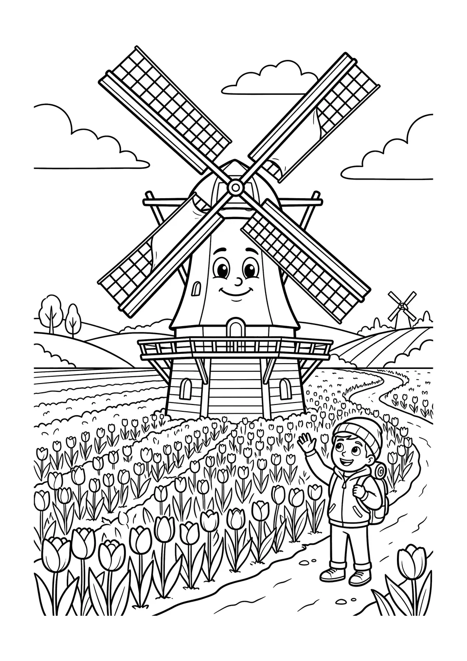Desenho para colorir em preto e branco de um simpático moinho de vento holandês com um rosto sorridente em um campo de tulipas floridas, com um jovem viajante acenando.