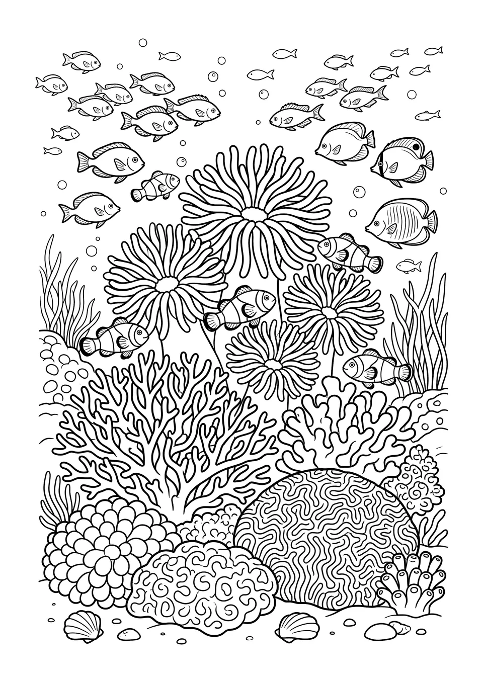 Desenho para imprimir e colorir em preto e branco de uma cena da Grande Barreira de Coral com formações de corais detalhadas, anêmonas-do-mar e peixes nadando.