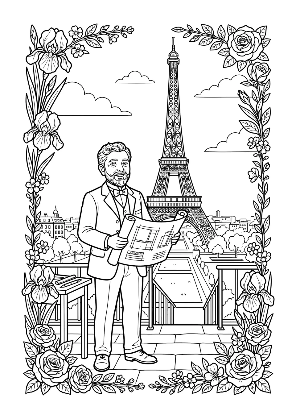 Desenho em preto e branco para colorir mostrando o engenheiro Gustave Eiffel em frente à Torre Eiffel, cercado por belas flores.