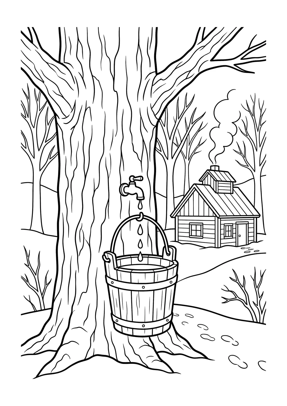 Desenho para colorir em preto e branco de uma árvore de bordo-açucareiro com torneirinha e balde, e uma cabana de açúcar ao fundo.