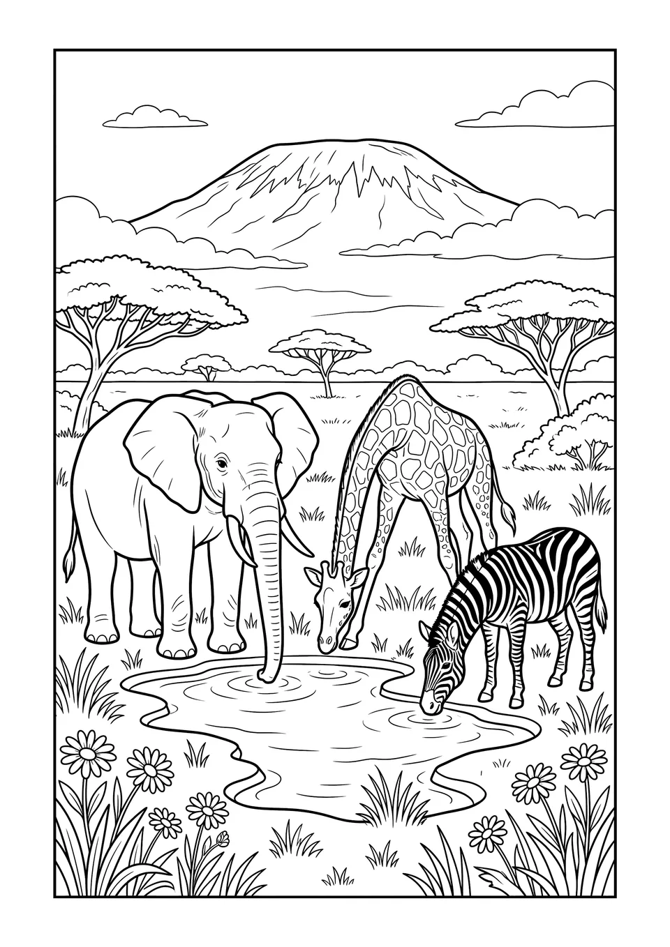 A printable black and white line art coloring page depicting a giraffe, an elephant, and a zebra at a watering hole with Mount Kilimanjaro in the background.