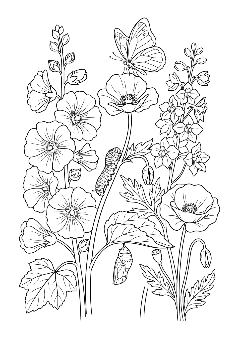 Desenho botânico para colorir em preto e branco mostrando flores de jardim, uma lagarta em um galho e uma borboleta voando.