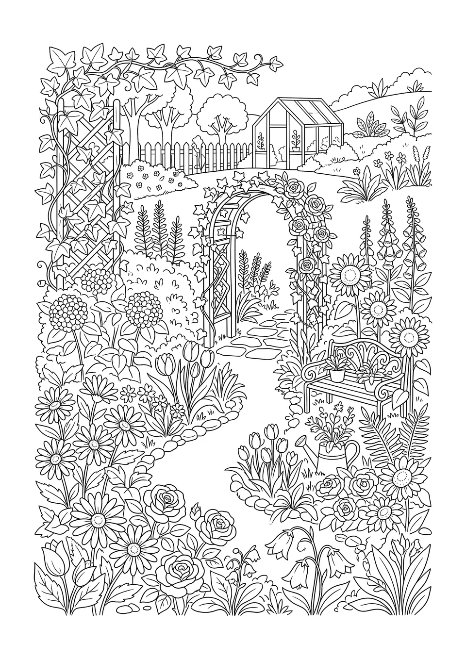 Ilustração em preto e branco com traços detalhados de um jardim botânico de flores para colorir e relaxar.