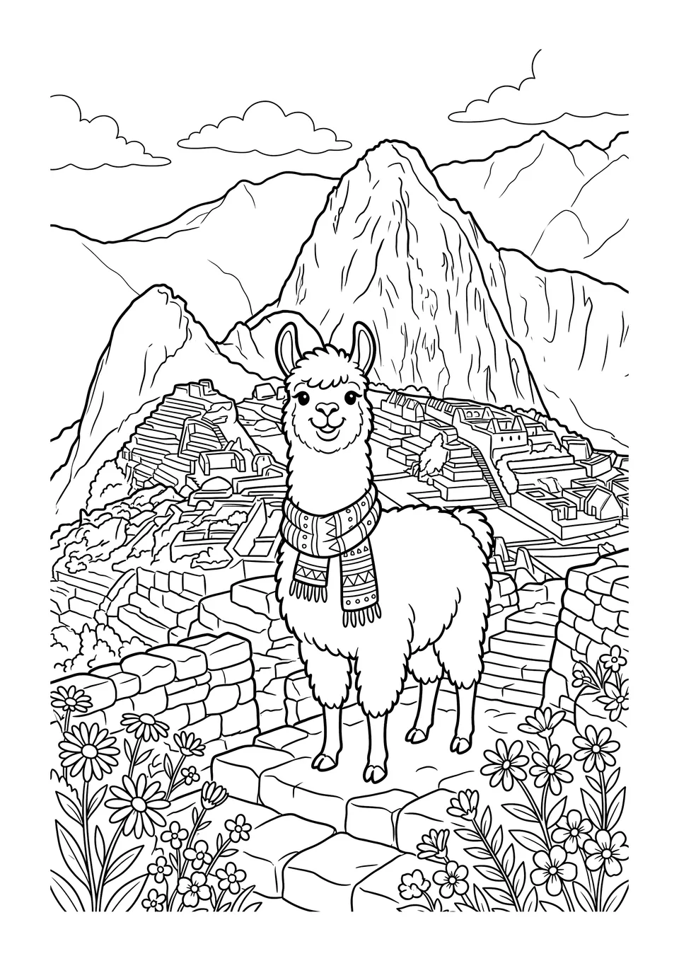 A black-and-white line art coloring page showing a friendly llama standing near the stone terraces of Machu Picchu with wildflowers in the foreground.