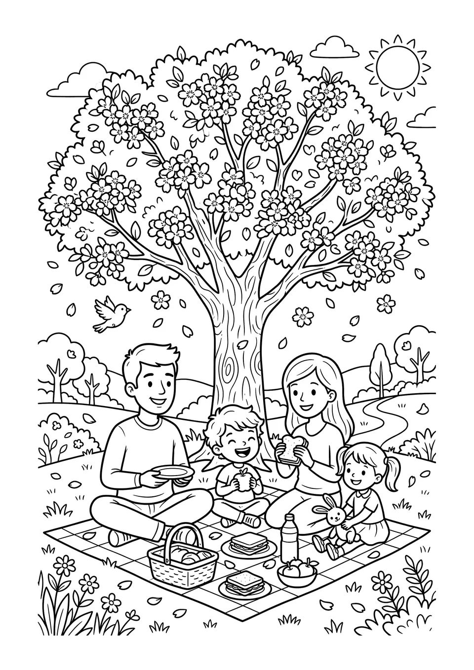 Desenho em preto e branco para colorir infantil mostrando uma família fazendo piquenique sob uma cerejeira florida durante o festival japonês de Hanami.
